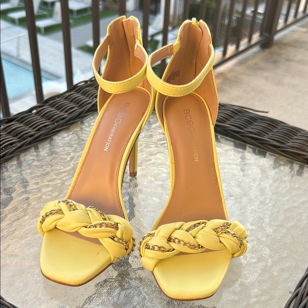 BCBGeneration Isabel Braided Yellow Chain Sandal Heels